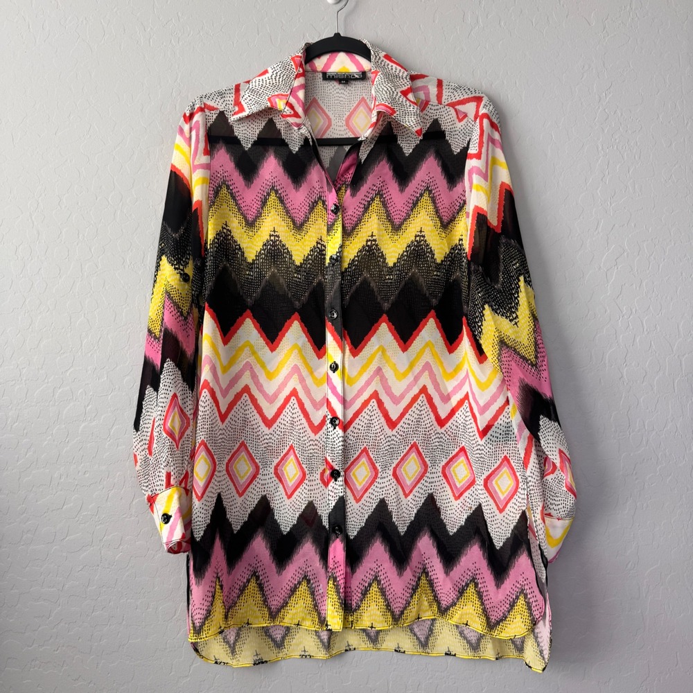 Mishca Button Down Long Sleeve Tunic Top Zig Zag Diamond Multicolor Medium
